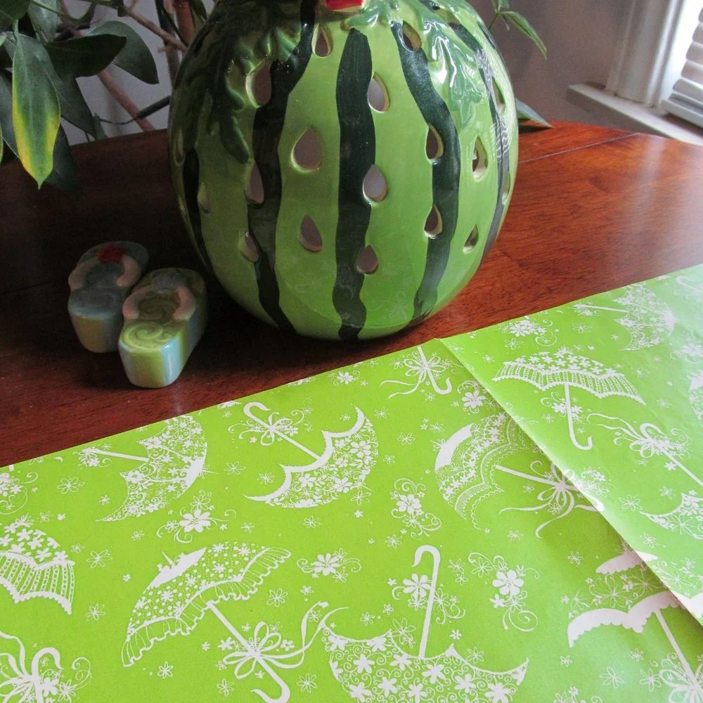 Vintage Hallmark Shower Gift Wrap Cute Umbrellas w Flowers & Bows 2 Sheets